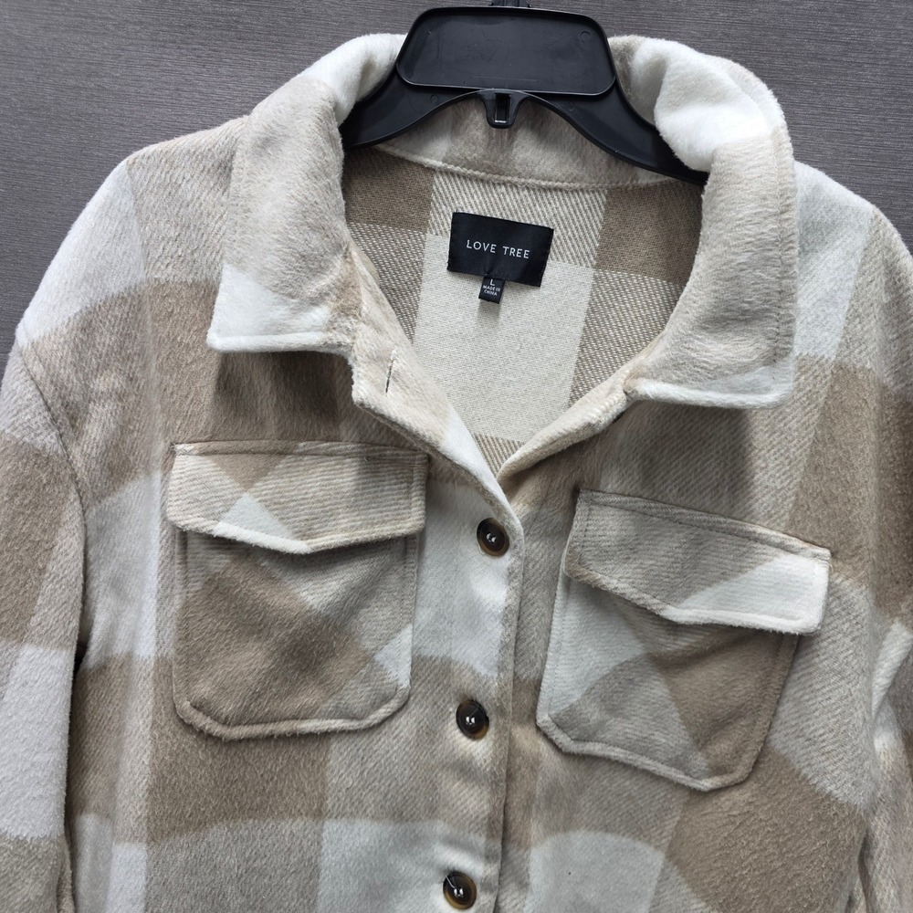 Love Tree Womens Tan Cream Plaid Button Down Shacket Flannel Jacket Large
